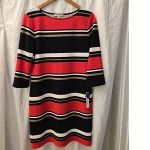NWT Sandra Darren Striped Shift Dress Womens Size 10 Red Black Ivory Office Chic